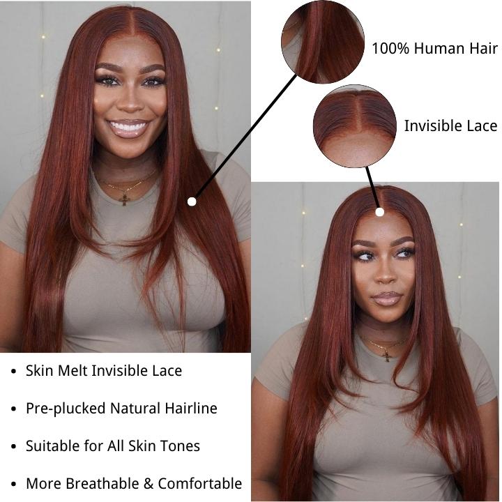 Layered Straight 13x4/4x4 Reddish Brown Lace Frontal Wig HD Transparent Human Hair Wigs Auburn Colored 33# Wig - Geeta Hair - GeetaHair
