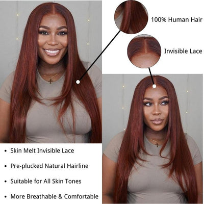 Layered Straight 13x4/4x4 Reddish Brown Lace Frontal Wig HD Transparent Human Hair Wigs Auburn Colored 33# Wig - Geeta Hair - GeetaHair