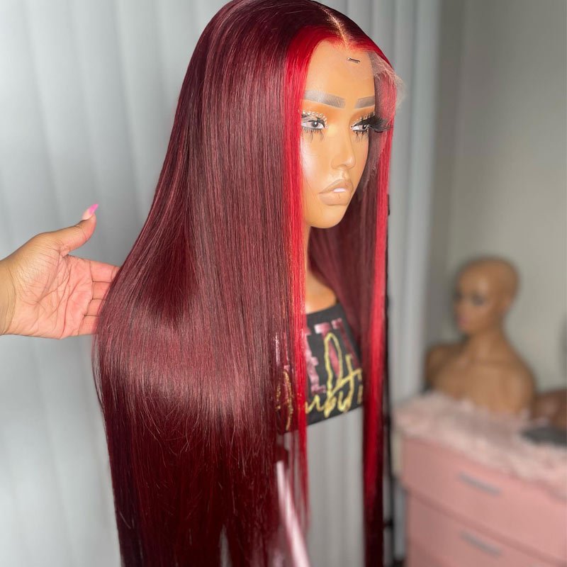 Highlight Ombre Straight Hair 99j Human Hair Wig HD Lace Font Wig Pre Plucked Natural Hairline - Geetahair - GeetaHair