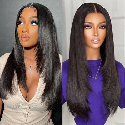 13x4 HD Straight Layered Wig Pre Plucked Natural Hairline Human Hair Wigs Yaki Straight with Layers Lace Front Wig - GeetaHair