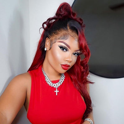 Ombre Red Loose Wave 13x4/4x4 HD Lace Wig Burgundy Pre Plucked Hairline Human Hair Wigs - GeetaHair