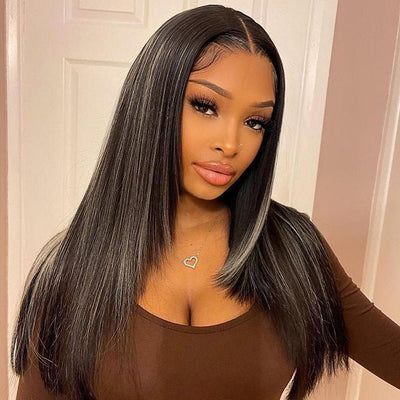 13x4/4x4 HD Lace Highlight Layered Straight Hair Wig Gray and Black Highlights Colored Butterfly Haircut Human Hair Wigs - Geeta Hair - GeetaHair