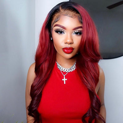 Ombre Red Loose Wave 13x4/4x4 HD Lace Wig Burgundy Pre Plucked Hairline Human Hair Wigs - GeetaHair