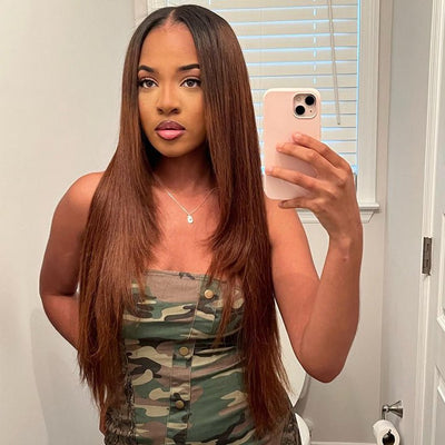 Ombre Brown Straight Layered Lace Front Wig 13x4/4x4 HD Lace Chocolate Brown Butterfly Haircut Human Hair Wigs - Geeta Hair - GeetaHair