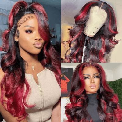 Geeta Hair Body Wave 13x4 HD Lace Highlight Wig Ombre Dark Burgundy Human Hair Frontal Wigs With Rose Red Highlights Pre Plucked Hairline - GeetaHair