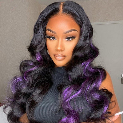 Skunk Stripe Hair Body Wave Lace Front Wig With Purple Highlight HD Transparent Lace Human Hair Wigs - GeetaHair