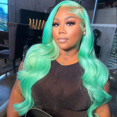 Mint Green Body Wave Lace Front Wig Colored Glueless HD Transparent Lace Human Hair Wigs - Geeta Hair - GeetaHair