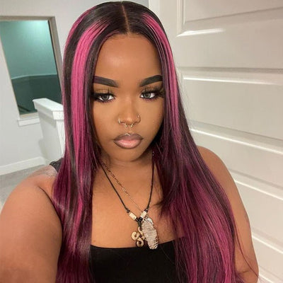 Highlight Purple Straight HD Transparent Lace Front Wig Highlights Pre Plucked Hairline Human Hair Wigs - GeetaHair