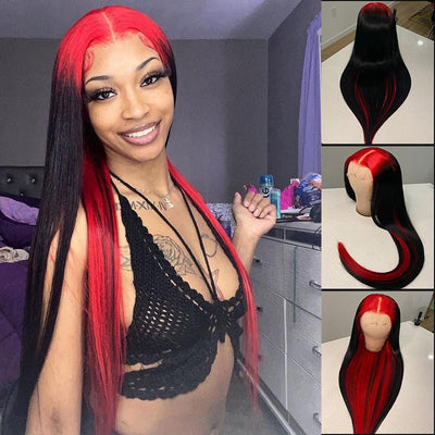 Sparkle Red Roots Long Straight Front Lace Wigs Colored Bone Straight Human Hair Wigs - GeetaHair