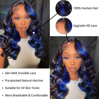 Funky Colored Wigs | Highlight Blue Body Wave Transparent Lace Front Color Wigs Glueless Human Hair Wigs For Women - Geeta Hair - GeetaHair