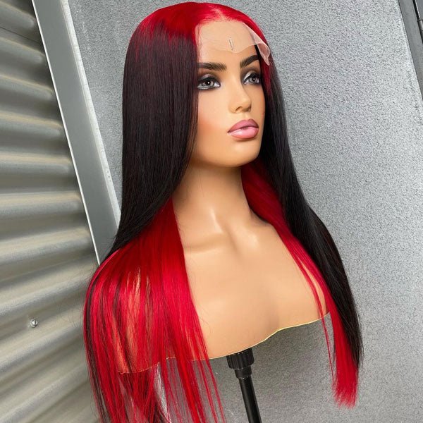 Sparkle Red Roots Long Straight Front Lace Wigs Colored Bone Straight Human Hair Wigs - GeetaHair