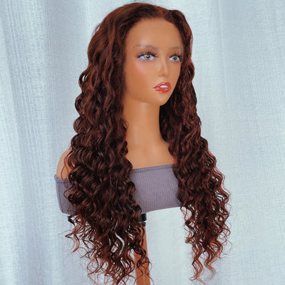 Reddish Brown Deep Wave Tranparent Lace Front Wig Auburn Deep Hairline HD Clear Lace Human Hair Wigs - GeetaHair