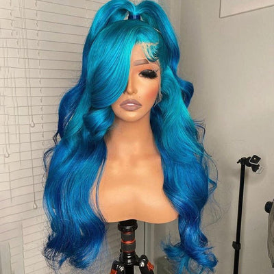 Ombre Lake Blue Body Wave HD Transparent Lace Wig Lake Blue Pre Plucked Human Hair Wigs - GeetaHair