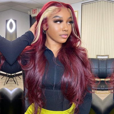 13x4 Lace Frontal Skunk Stripe Wig #613/99J Burgundy Color Highlight Body Wave/Straight Hair Lace Front Wigs - GeetaHair - GeetaHair