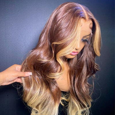 Skunk Stripe Brown With Blonde Body Wave Lace Front Wig Ombre Blonde Highlight Human Hair Wigs - GeetaHair