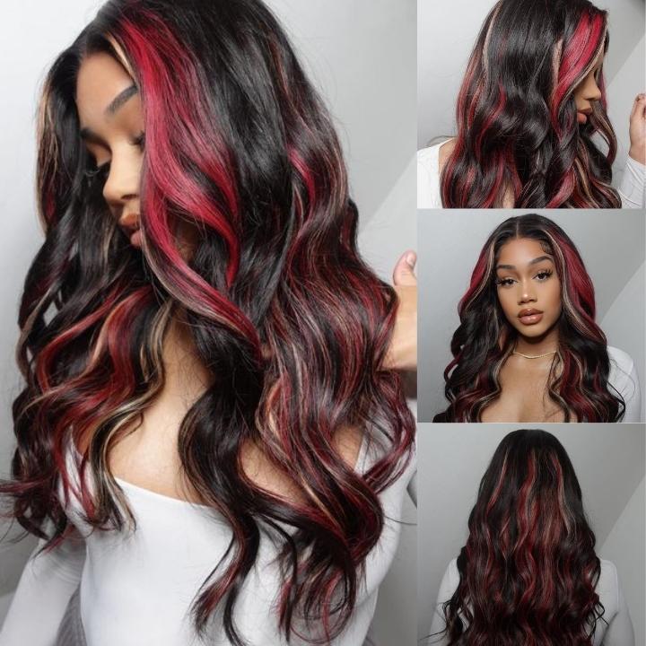 Highlight Black with Red & Blonde Straight/Body Wave 13x4 Lace Front Wig With Multi Color Highlights Loose Wave Human Hair Wigs - GeetaHair - GeetaHair