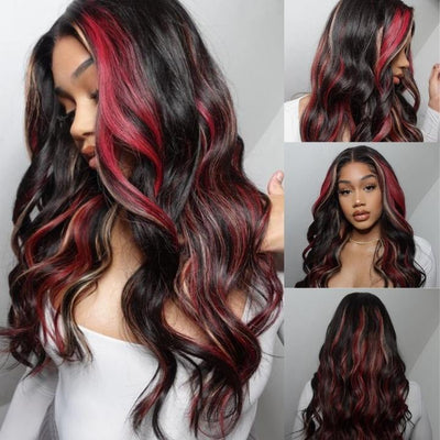 Highlight Black with Red & Blonde Straight/Body Wave 13x4 Lace Front Wig With Multi Color Highlights Loose Wave Human Hair Wigs - GeetaHair - GeetaHair