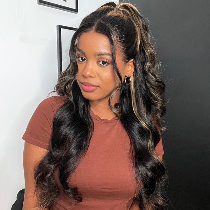 Blonde Balayage On Black Hair Body Wave Lace Front Wig Highlight HD Transparent Human Hair Wigs - GeetaHair
