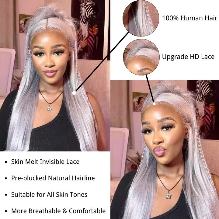 Silver Straight HD Transparent Lace Front Wig Gray Human Hair Wigs Pre Plucked With Baby Hair - GeetaHair