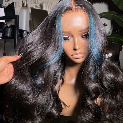 Funky Colored Wigs | Money Piece Highlight Blue 13x4/4x4 Transparent Lace Front Wig Skunk Stripe Straight/Body Wave Lace Color Human Hair Wigs - Geeta Hair - GeetaHair