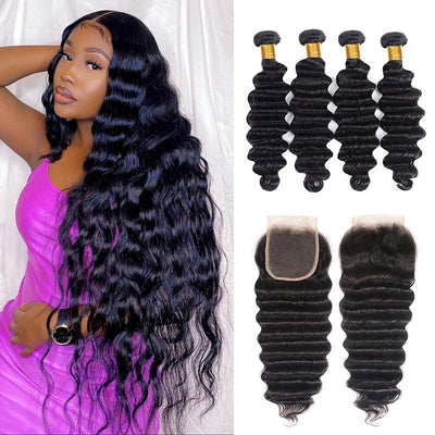 Geetahair Loose Deep Wave Hair 4 Bundles With 4x4 Lace Closure Virgin Human Hair - GeetaHair