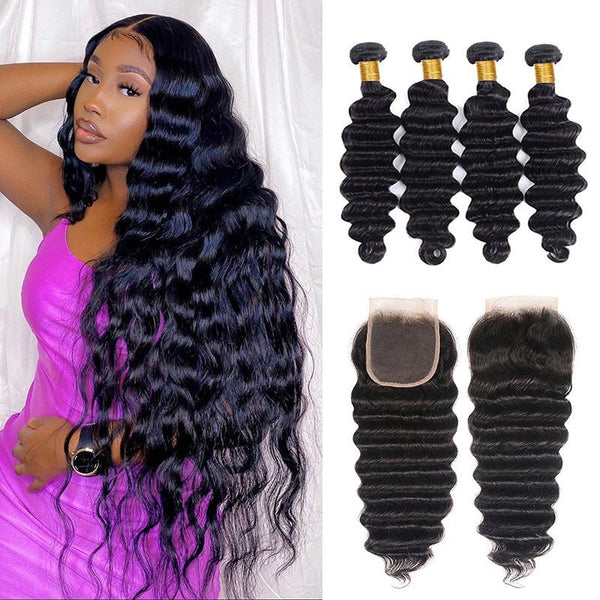 Human Hair Weave Bundles with 4x4 Closure Loose Deep Wave 12-26 Inch Amazon.com : Releek Human Hair Bundles Body Wave Bundles  main image 4