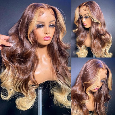 Skunk Stripe Brown With Blonde Body Wave Lace Front Wig Ombre Blonde Highlight Human Hair Wigs - GeetaHair