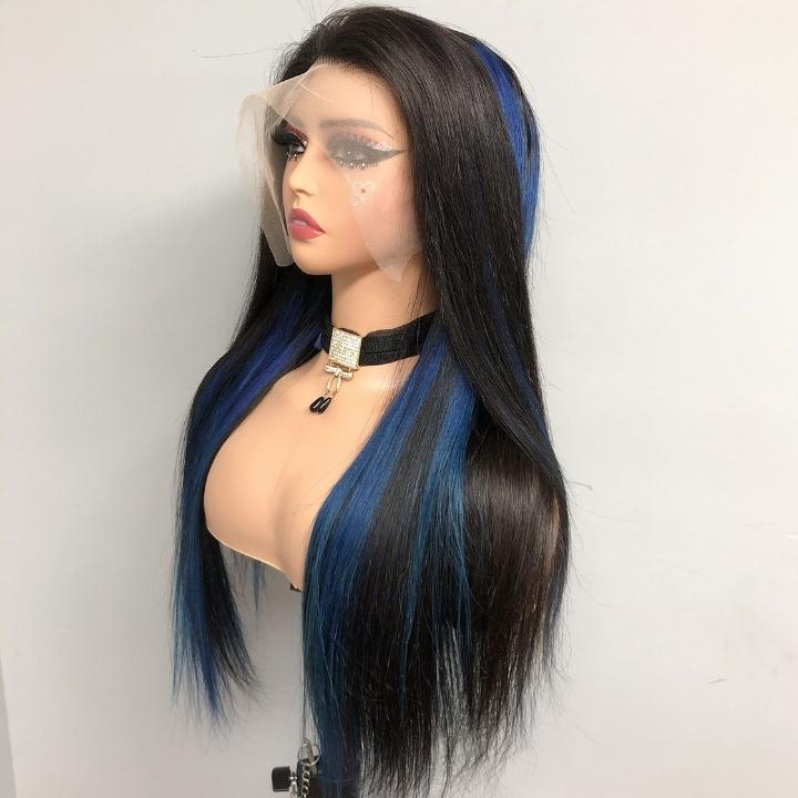 Funky Colored Wigs | Highlight Gemstone Blue Straight HD Transparent Lace Front Wig Natural look Beginner Friendly Glueless Human Hair Wigs - Geeta Hair - GeetaHair