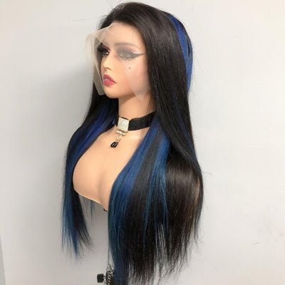 Funky Colored Wigs | Highlight Gemstone Blue Straight HD Transparent Lace Front Wig Natural look Beginner Friendly Glueless Human Hair Wigs - Geeta Hair - GeetaHair