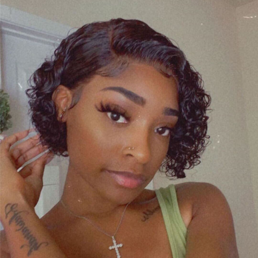 Short Curly Pixie Cut J Part Lace Frontal Wig Pre Plucked Natural Hairline For Women - Geetahair - GeetaHair