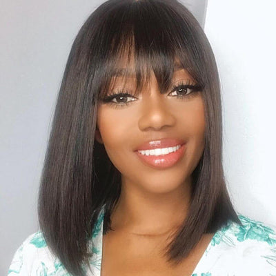 Flash Sale Glueless Real Human Hair Wig Short Straight Hair Bob Wig With Bangs Black Color - Geeta Hair - GeetaHair