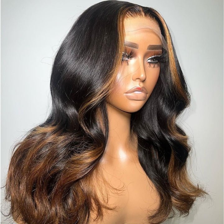 Funky Colored Wigs | Glueless 13x4/6x4.5 Money Piece Brown Mix Black Body Wave HD Transaparent Pre Cut Lace Human Hair Wigs - Geeta Hair - GeetaHair