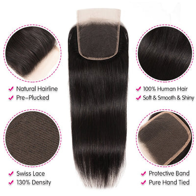 GeetaHair Straight Hair 4 Bundles with 4x4 Lace Closure 100% Unprocessed Human Hair - GeetaHair