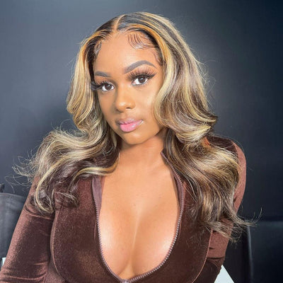 Blonde Balayage on Dark Brown Hair Body Wave Lace Front Wig Highlight HD Transparent Human Hair Wigs - GeetaHair