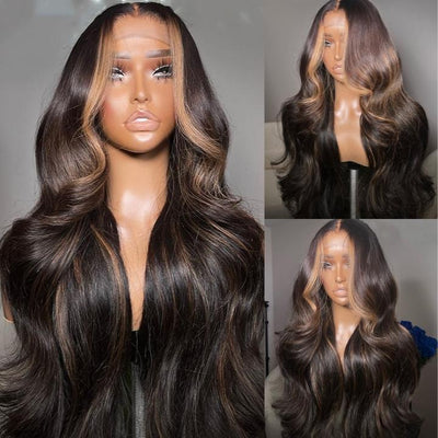 Geeta Money Piece Brown Body Wave HD Transparent Lace Front Wigs Glueless Skunk Stripe Color Human Hair Wigs - GeetaHair