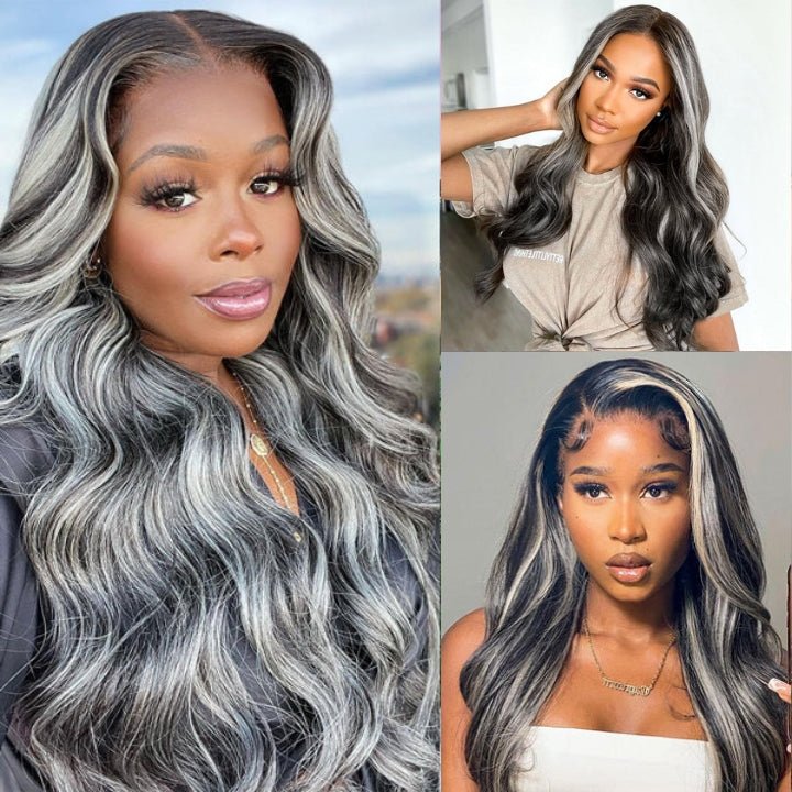 platinum blonde balayage on black hair 4x4/13x4 HD Lace Wig Highlight Body Wave Human Hair Wigs - GeetaHair