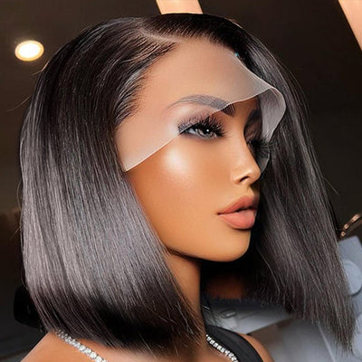 Short Straight Glueless HD Lace Front Bob Wig Natural Black Pre Plucked Human Hair Bob Wigs - Geetahair - GeetaHair