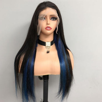 Funky Colored Wigs | Highlight Gemstone Blue Straight HD Transparent Lace Front Wig Natural look Beginner Friendly Glueless Human Hair Wigs - Geeta Hair - GeetaHair