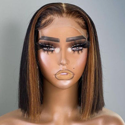 Skunk Stripe Hair Straight Lace Front Bob Wig With Brown Highlight HD Transparent Lace Human Hair Bob Wigs - GeetaHair