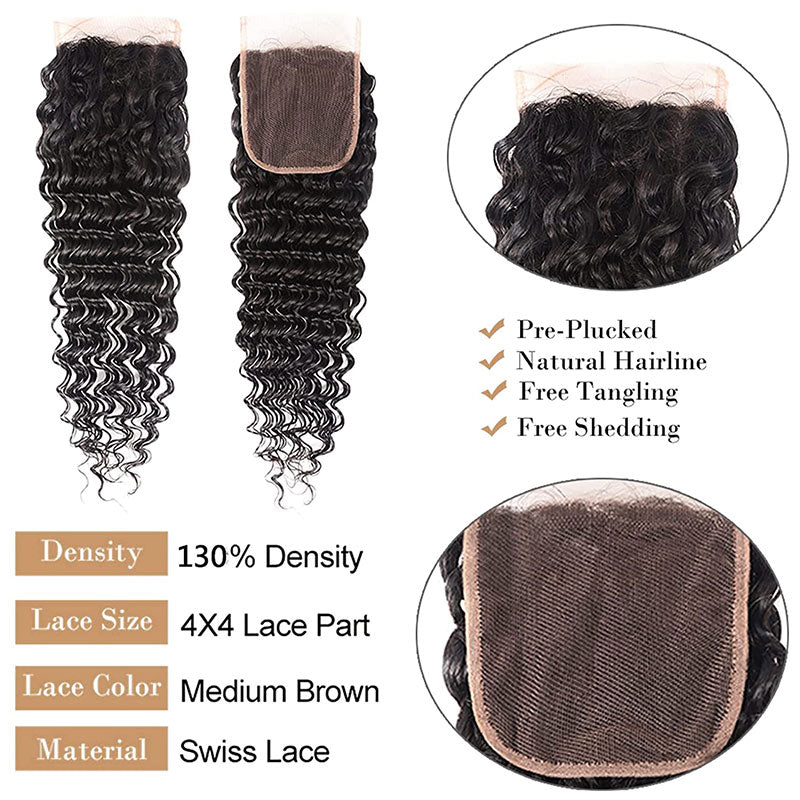 GeetaHair Deep Wave 4 Bundles with 4x4 Lace Closure Unprocessed Virgin Hair - GeetaHair