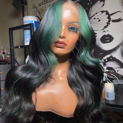 Funky Colored Wigs | Glueless 13x4/6x4.5 Money Piece Mint Green Body Wave HD Transaparent Pre Cut Lace Human Hair Wigs With Breathable Cap Skunk Stripe Air Wig - Geeta Hair - GeetaHair
