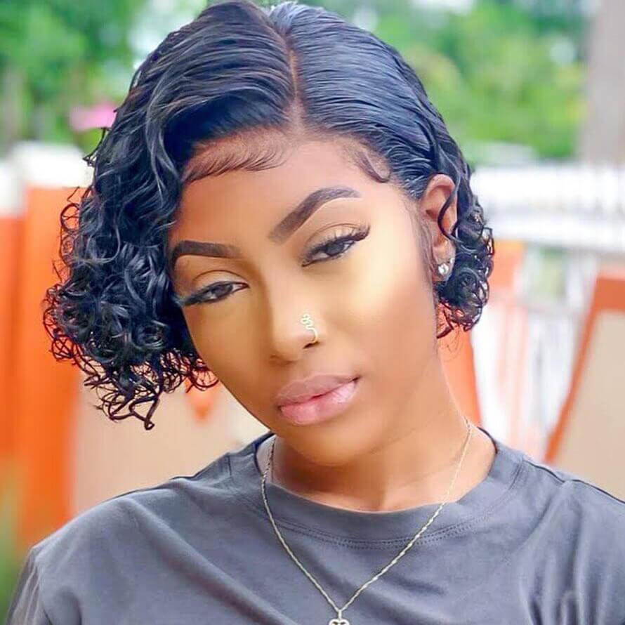 Short Curly Pixie Cut J Part Lace Frontal Wig Pre Plucked Natural Hairline For Women - Geetahair - GeetaHair
