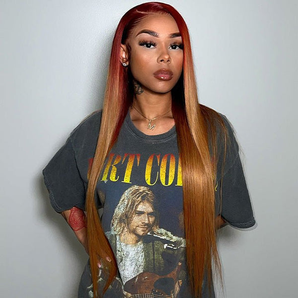 Ombre Red And Honey Blonde Straight HD Lace Front Wig Pre Plucked With Baby Hair Lace Front Wig Daily Deal