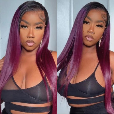 Funky Colored Wigs | Smokey Deep Purple 13x4 Lace Front Straight Wig With Black Roots Ombre Colored HD Lace Human Hair Wigs - Geeta Hair - GeetaHair