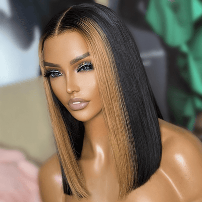 Geeta Skunk Stripe Bob Wig 13x4 Blond Highlight Straight Bob Lace Front Wigs Short Human Hair Bob Wigs - GeetaHair