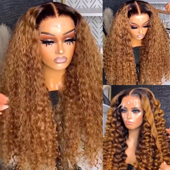 Caramel Brown Water Wave/Wand Curly Lace Front Wig With Dark Root Ombre Color HD Lace Human Hair Wigs for Women - GeetaHair - GeetaHair