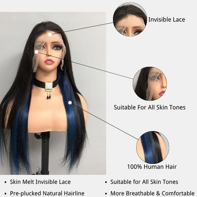 Funky Colored Wigs | Highlight Gemstone Blue Straight HD Transparent Lace Front Wig Natural look Beginner Friendly Glueless Human Hair Wigs - Geeta Hair - GeetaHair