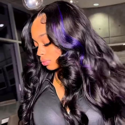 Highlight Black with Purple Body Wave Transparent Lace Front Wig Highlights Colored Glueless Human Hair Wigs For Women - Geeta Hair - GeetaHair