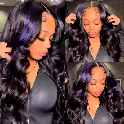 Highlight Black with Purple Body Wave Transparent Lace Front Wig Highlights Colored Glueless Human Hair Wigs For Women - Geeta Hair - GeetaHair