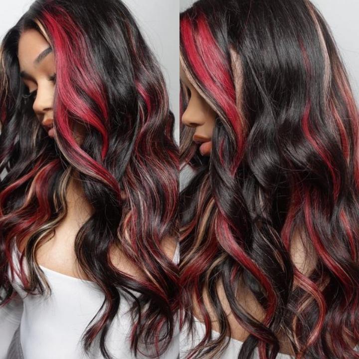 Highlight Black with Red & Blonde Straight/Body Wave 13x4 Lace Front Wig With Multi Color Highlights Loose Wave Human Hair Wigs - GeetaHair - GeetaHair